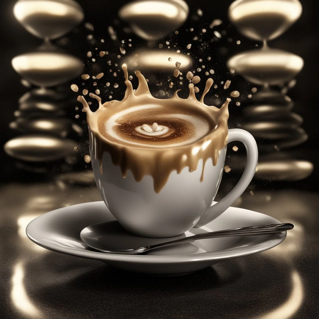 Splash art of photograph of a beutiful, cup of cappuccino in magical black, shimmering metal, shining diamonds,highly detailed, digital realistic painting, light flairs concept art, smooth, matte, intricate details, eerie, sharp focus, octane render, sliding on ice, 3D, hyper photorealistic high quality, detailed photography sharp face, photorealistic detail sparkling, full HD cinematic 225k high quality, high resolution, Ultra realistic, Digital graphics.high quality HDR