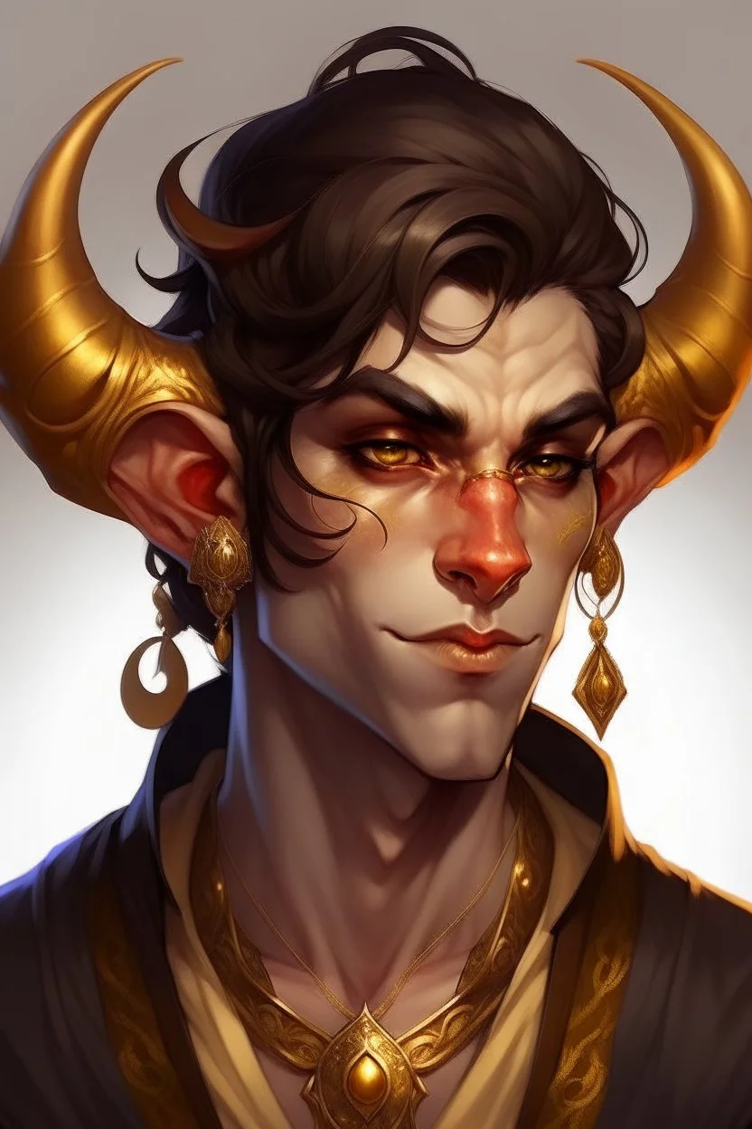 a wealthy tiefling young man with pointy ears and gold sclera eyes with no pupils, wears lots of jewelry