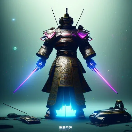 A portrait of a crystalised robot samurai with yakuza tatu, atmospheric, realistic, unreal engine cosmic galactic, cinematic lighting, octane render, random colors, transparent, cosmic ambiance, masterpiece, art by Yoji Shinkawa, composing fit inside, masterpiece