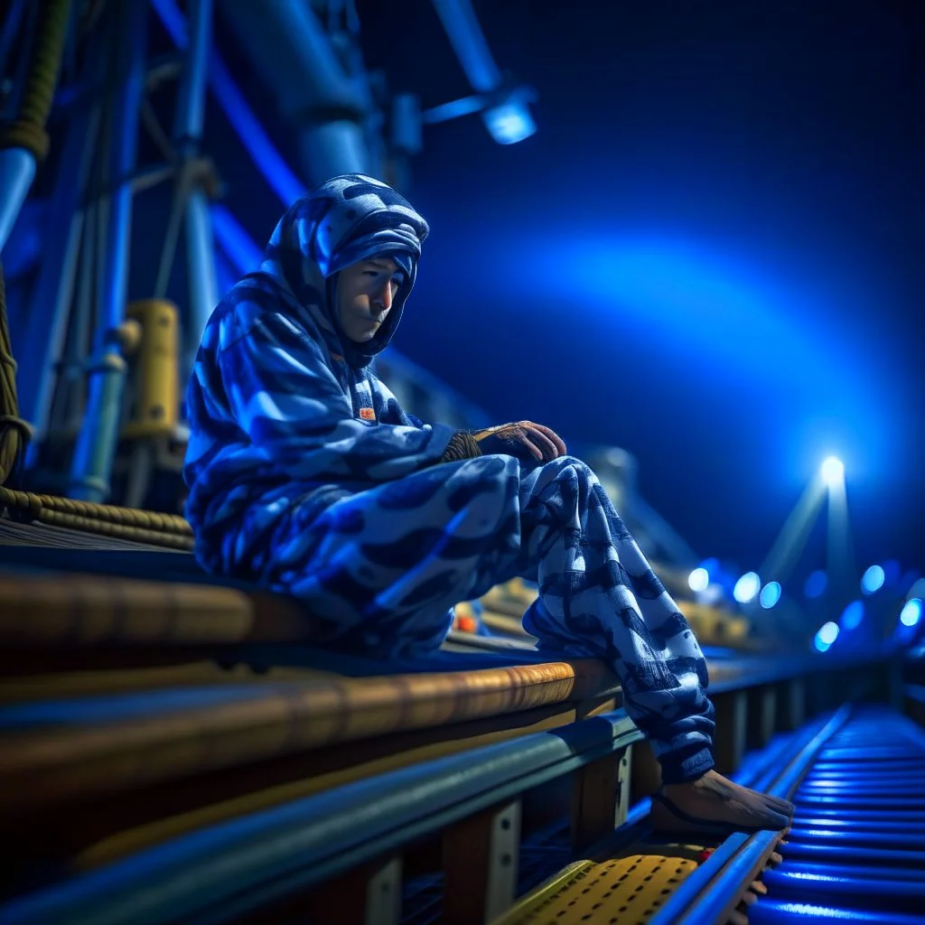 ninja sleeping in pyjamas on oil platform, shot on Hasselblad h6d-400c, zeiss prime lens, bokeh like f/0.8, tilt-shift lens 8k, high detail, smooth render, down-light, unreal engine, prize winning