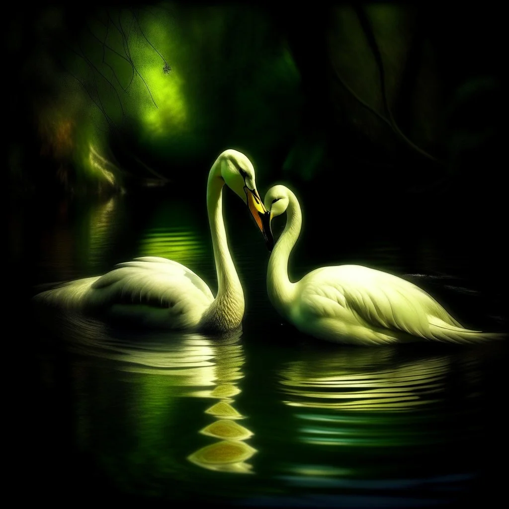 two swans in a romantic lake, dark green and warm yellow color, fantasy atmosphere, photo quality