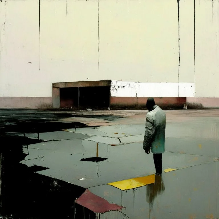 Minimal contemporary abstract oil paintings of desolate 1960s carpark with road markings and concrete fragments. Overlay with grungy typography graphics. style of Justin Mortimer and Francis Bacon.