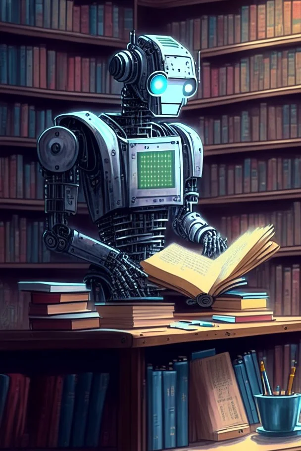 The library is serviced by computers, and there are many books on the shelves. The robot sits at the table and searches for books in the catalog in the computer Expression. High-quality drawing, 8K