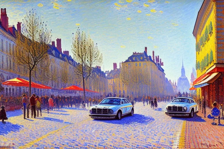 Sunny day, modern contemporary city, modern cars, alfred sisley impressionism painting