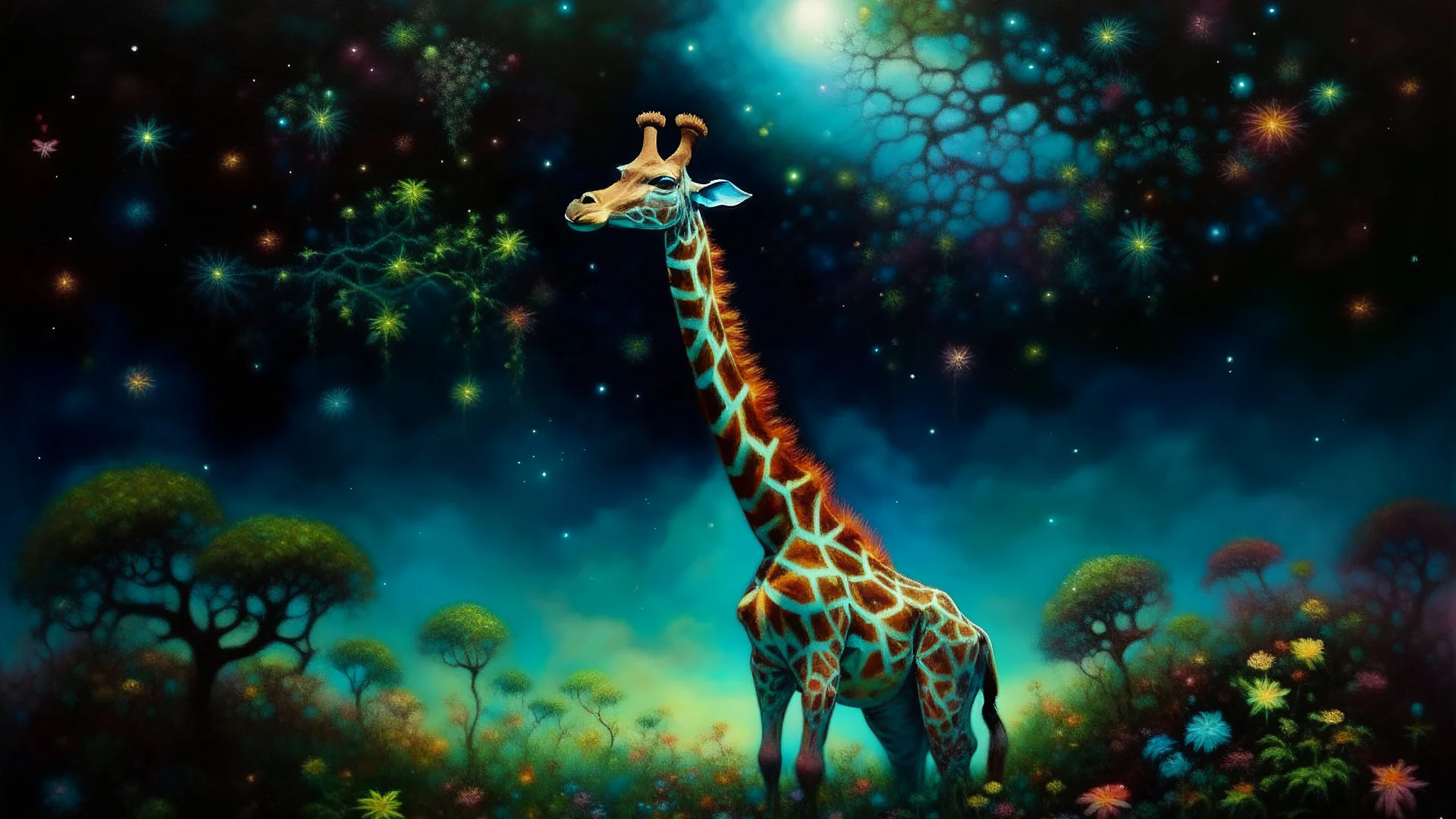 A towering giraffe with a neck that stretches impossibly high, piercing through cotton candy clouds into a starry night sky. Its spots are swirling galaxies and nebulae, glowing with ethereal bioluminescence. The giraffe's legs fade into twisted acacia trees rooted in floating islands of red earth. Glowing fireflies drift lazily around its head like orbiting planets.