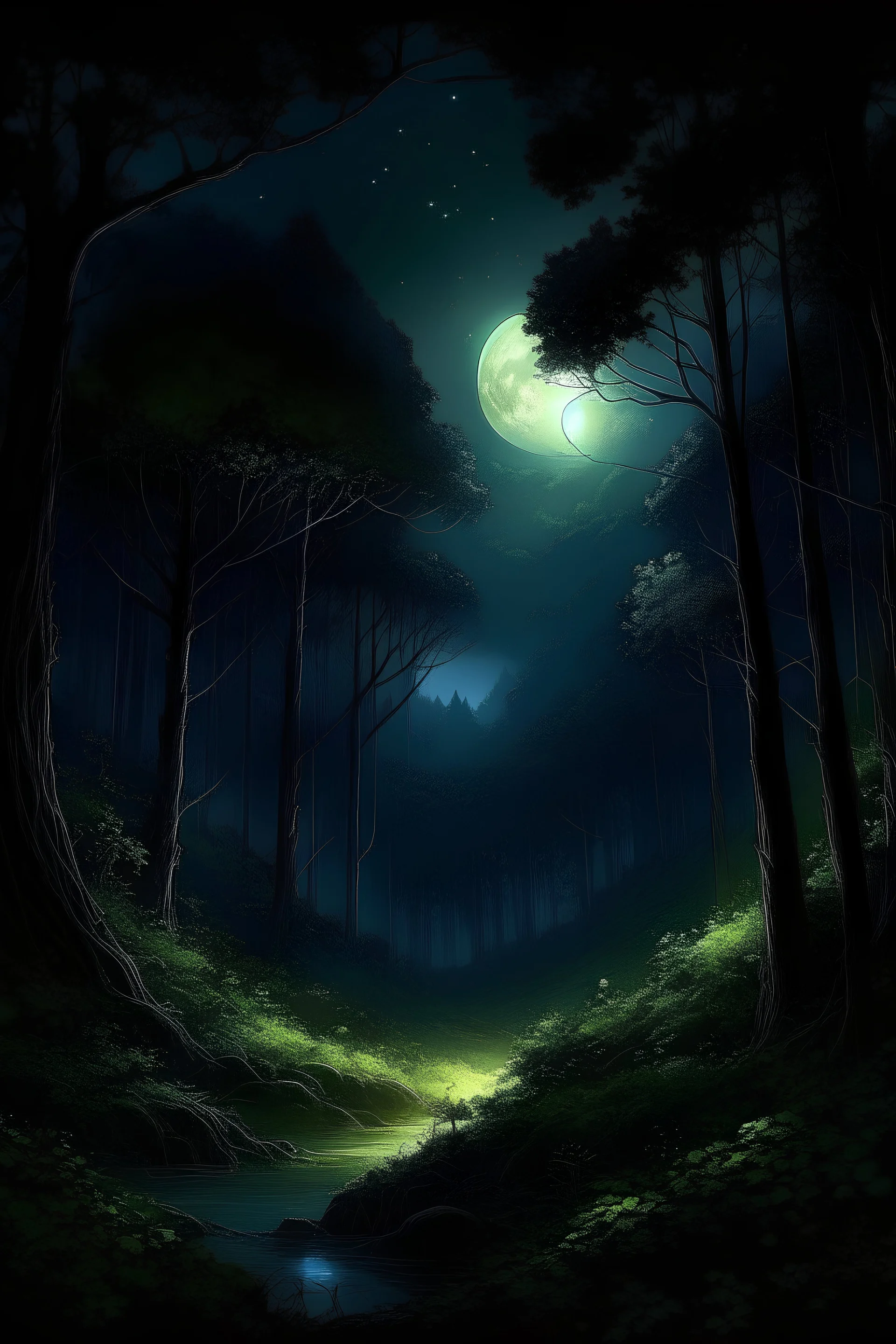 Nacht im Herz Wald Wiese Mondschein Glitzer