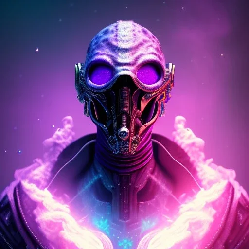 full body apocalyptic purple masked villain in galaxy, teal and purple smoke, detailed, realistic, 4k