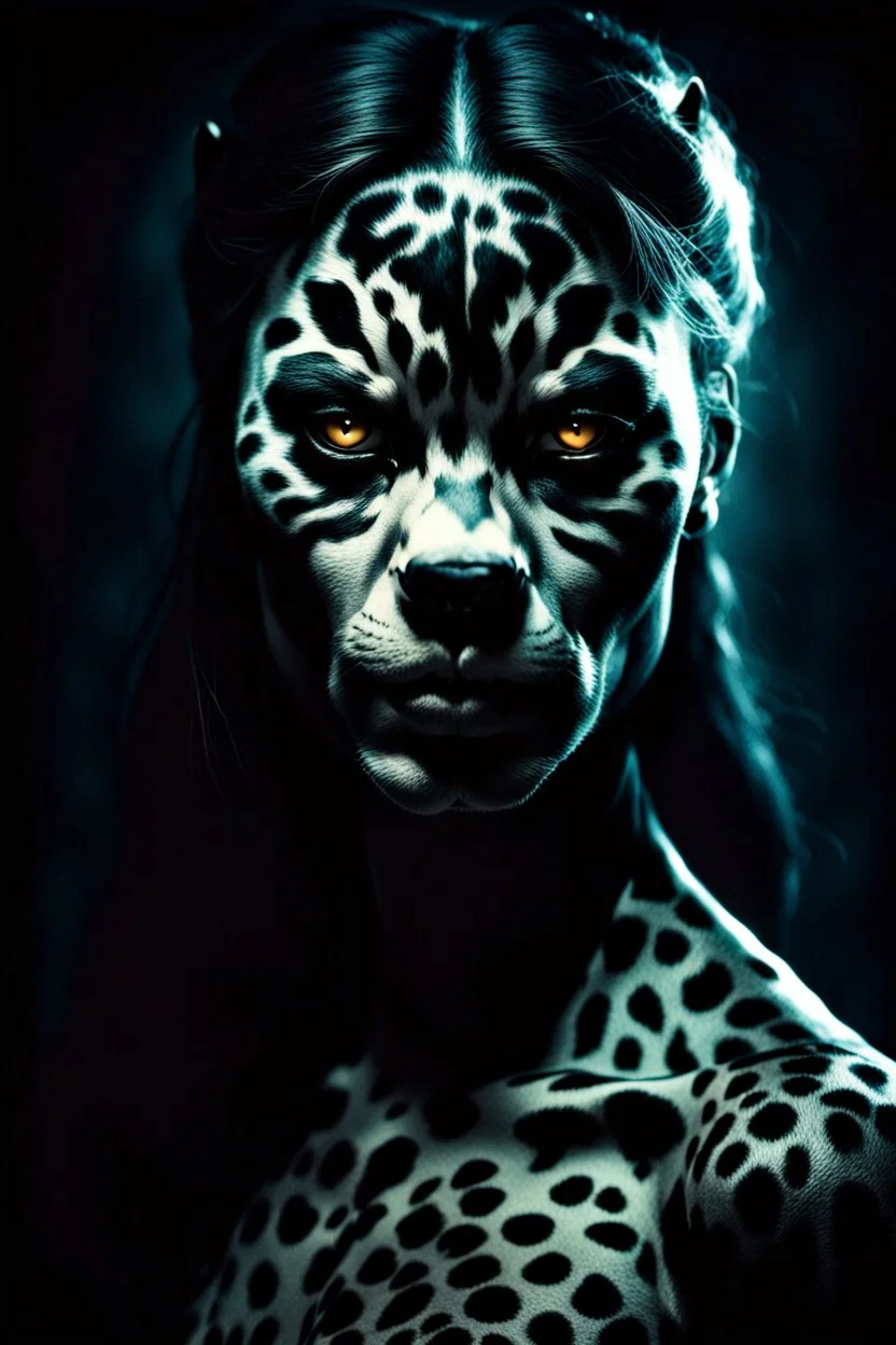 portrait of a women-panther mutant, high contrast, detailed, dark , noir, thriller, deep dark colors, gloomy, cinematic