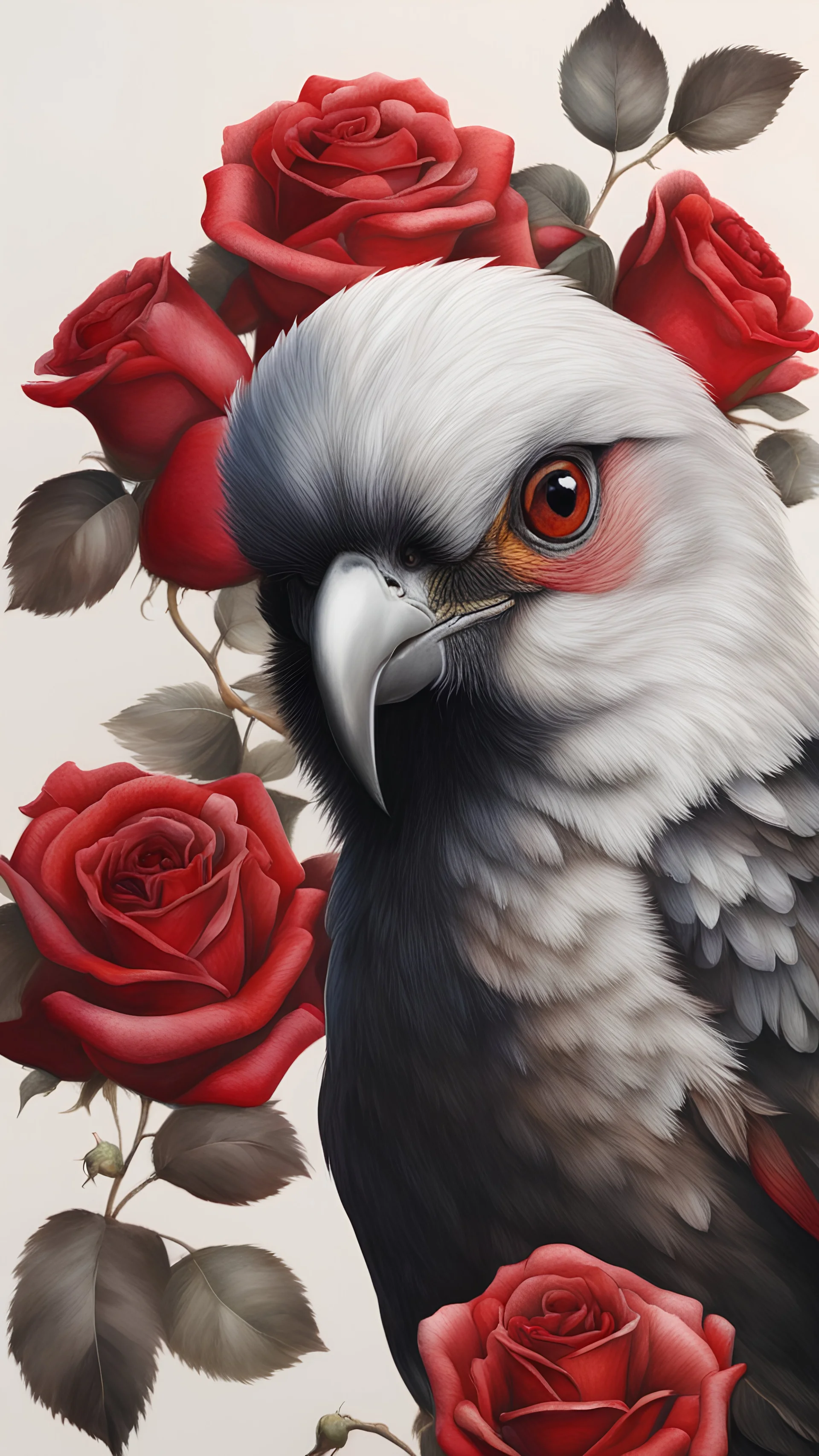 realistic large bird headshot in red roses