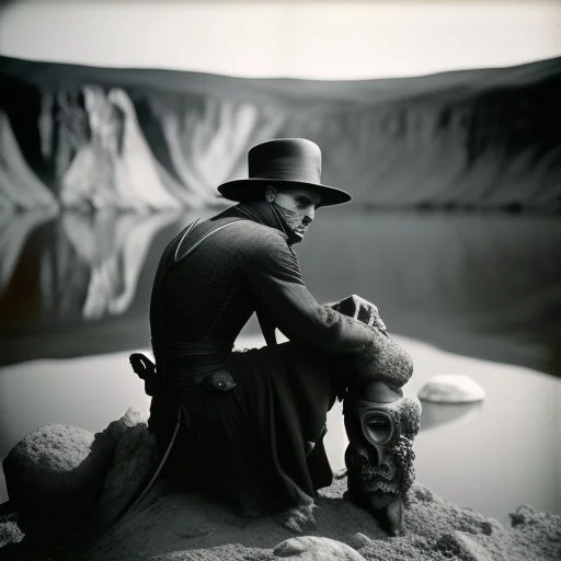 photo, 1920 horror movieshot, sitting, eaging, rocks, very odd objects in background, Ades, stunning photo, persone con sorriso falso e occhi, Charon, tenebroso, macabro, marcio, interno museo, fiotti di liquido nero che zampillano, hypermaximalist, strangeness, sundial light, odd, intricate, Lawrence Alma-Tadema style, albero, hypnotic, very accentuated details of the dress and skin, eerily mysterious, artistic photo, shot on Hasselblad, sadness, follia, smoke, daguerrotype
