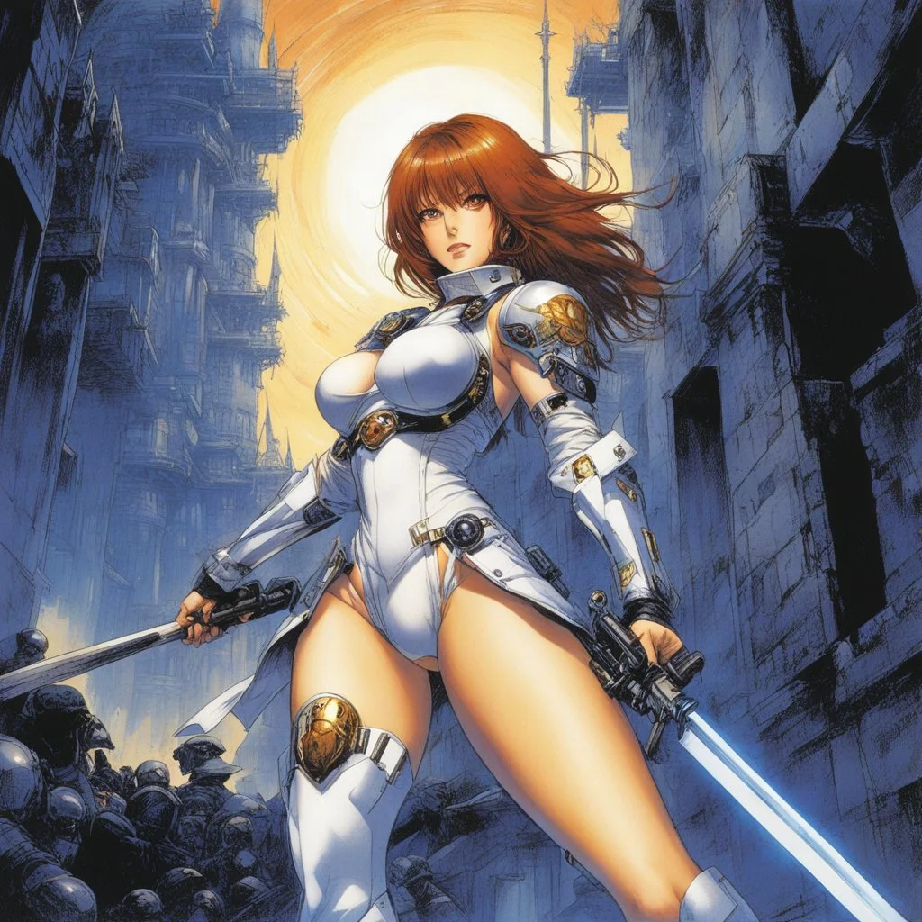 [art by masamune shirow's Orion] After the battle, she emerges from hiding. Is he still among the living? With a desperate heart, she crosses the castle courtyard littered with corpses of the defenders. She hopes that all is not lost.