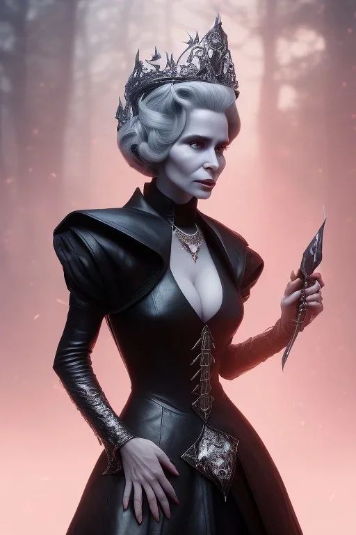 Constance Langdon as evil queen in black leather, leather, busty, cleavage, angry, stern look. character design by cory loftis, fenghua zhong, ryohei hase, ismail inceoglu and ruan jia. unreal engine 5, artistic lighting, highly detailed, photorealistic, fantasy