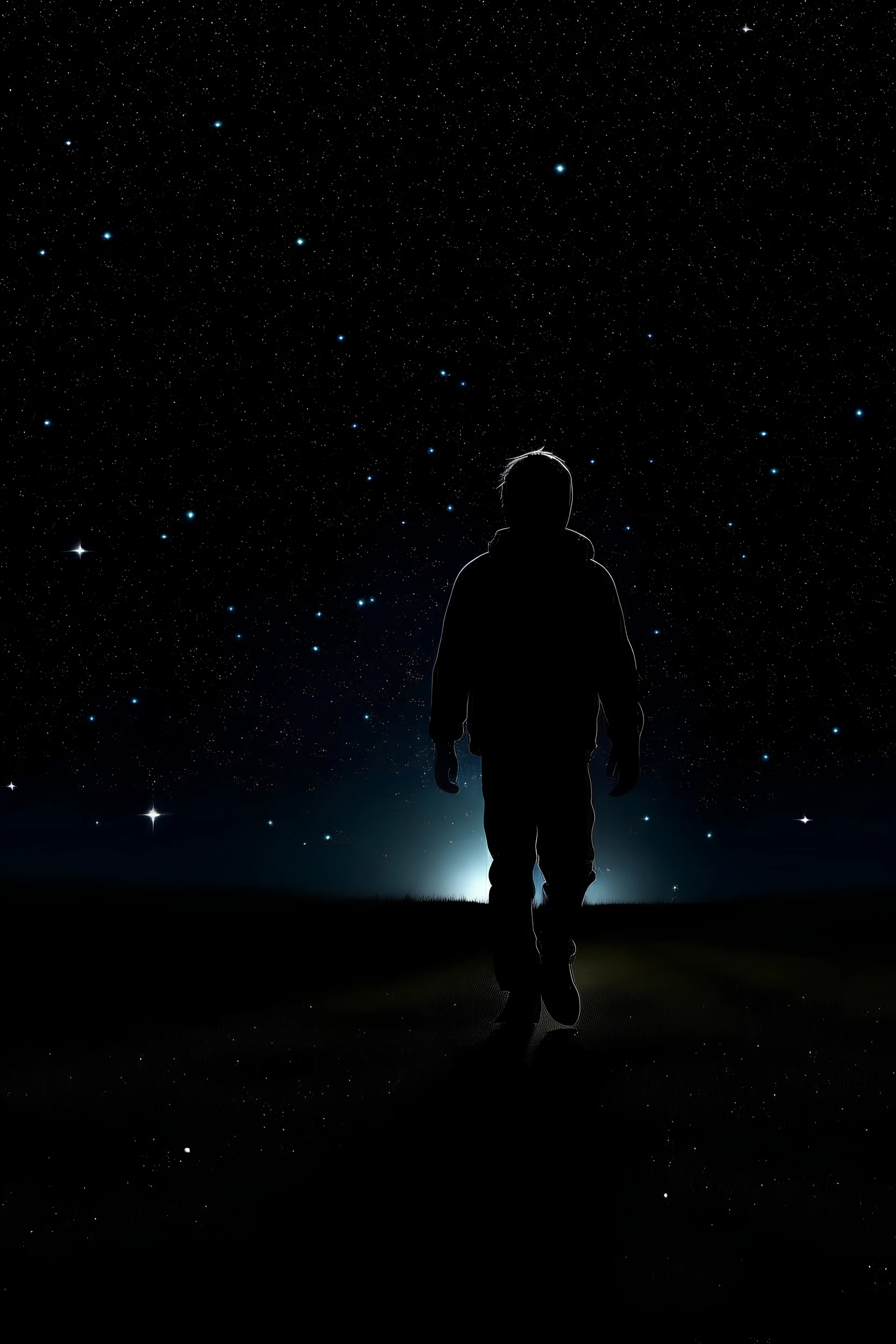 Bild von einem Jugendlichen der unter dem Sternenhimmel spaziert. Der Jungendliche ist schwarz schattiert man sieht nur seine Umrisse. Cartoon style