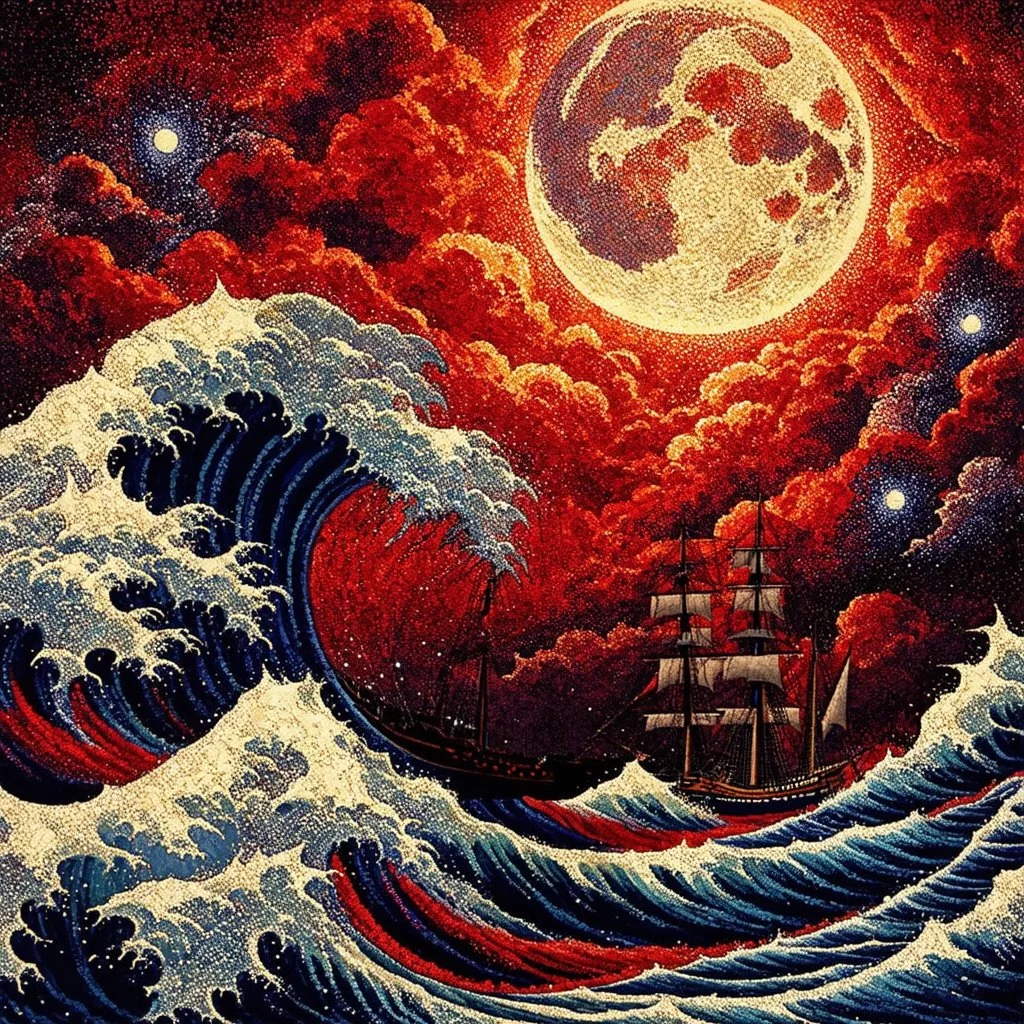 Red Skies at Night: A single integrated pointillist image, animated waves and storm clouds partially occludes the huge moon, nighttime over a trippy tilted storm at sea, sailing ships, strong style of pointillism, style of Mikalojus Konstantinas Ciurlionis, style of Miriam Schapiro, style of Naomi Okubo