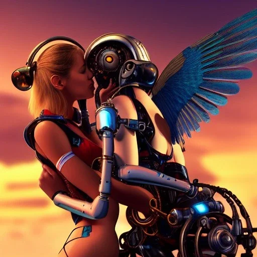 great illustrator, spanish, realistic rendering of a cute spanish girl kissing a cybergirl with wings. beautiful, simmetric, steampunk style. Helmet with tubes. Machinery in the background. Robotic bird flying. High details. 4k. unreal engine, sunset