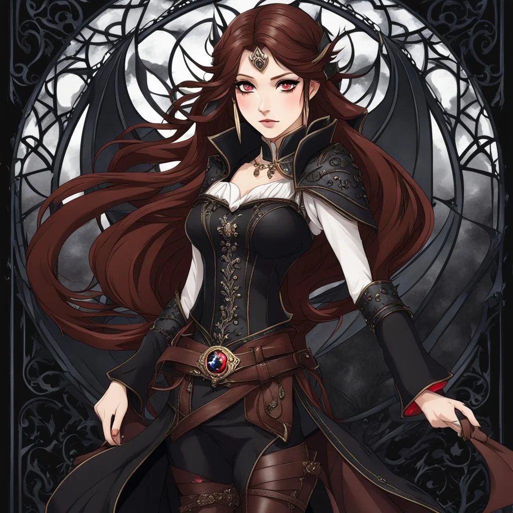 Icon or avatar. An arrogant looking young woman with pale skin and long brown hair in a stormy dark fantasy setting with intricate details. She is smirking, wearing black and read leather, has red eyes, an air of malevolent power surrounds her. Anime style. High definition.