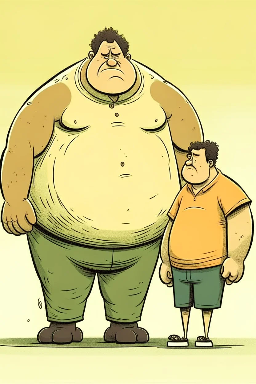 a fat man with a thin light beard bulling a thin tall man with a short afro cut by siting on him. Cartoon.