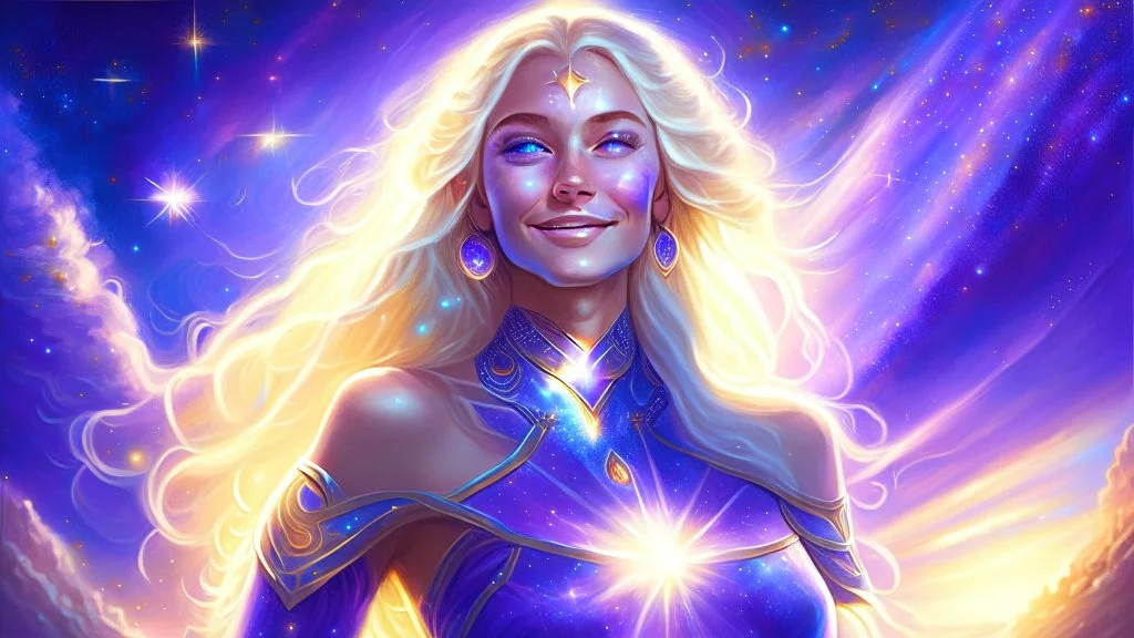 Full body portrait of a peaceful smiling gorgeous blonde Goddess of the galaxies with a blue indigo purple skin, high skul, luminous eyes in a galactic sunset