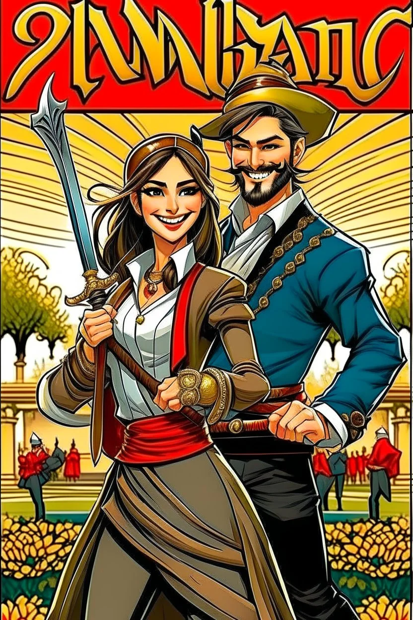 Create image of the text plane style comic character : A woman, believing herself a fearsome warrior, dramatically confronts the invading Mongols. She holds her sword upside down and shouts "You do not fear the educated woman...". A Mongol casually pushes her over and steals her dictionary, revealing her misguided idea of strength. The Mongols burst into laughter. Comic Image Ideas * Panel 1: Woman stands defiantly, sword held backwards, Ertugrul music blasting in the background. Mongols look