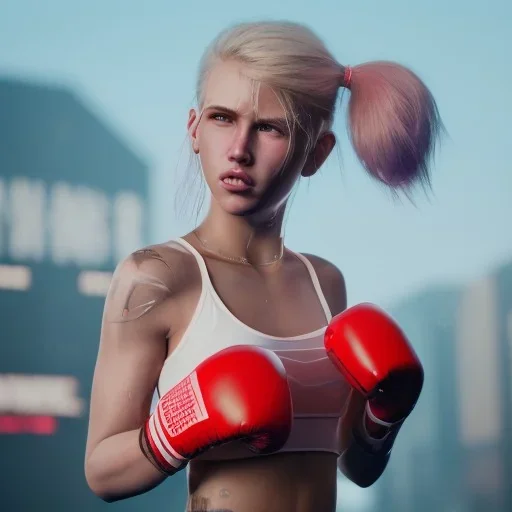 Cyberpunk blonde cybernetic girl boxing in the ring unreal 5, octane render,cinema4d, dynamic lighting, 8k, redshift render, highly, hyperrealism ultra detailed, hyper realistic.