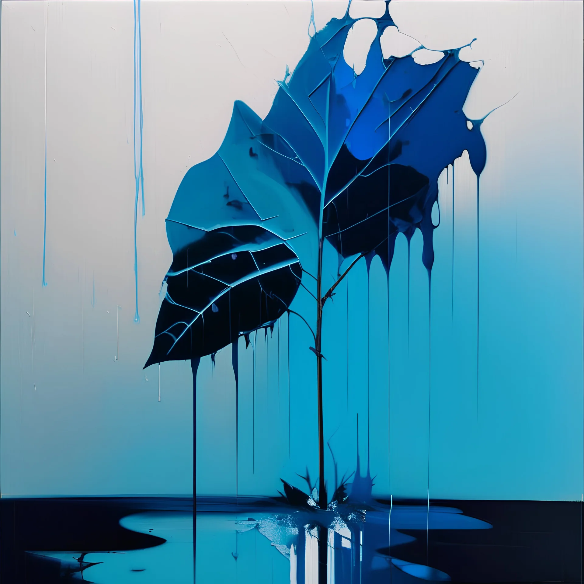 Minimal abstract flat oil painting of a neon large leaf plant in landscape. With triadic blue colours. Dripping paint. In the style of Justin Mortimer and Phil Hale, Ashley Wood