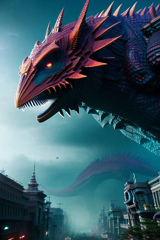 Kaiju, gloomy, 8k resolution, intricate details, ornate details, soft lighting, vibrant colors, retroanime, masterpiece, intricate eyeliner, dark eyeshadow, eyes, intricate tattoos, Modern city background
