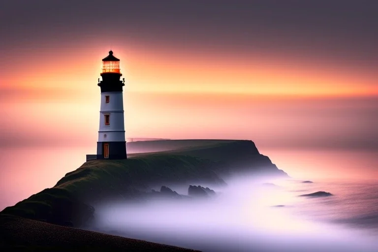 Lighthouse in England, foggy day with a climp of sunset