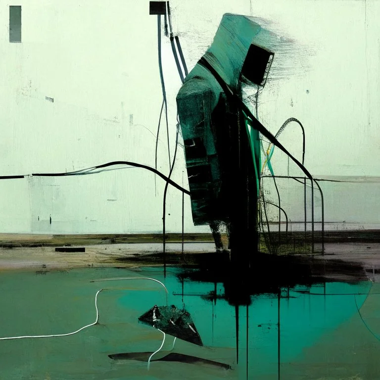 Dystopian future twisted body with retro monitor head and handing wires. Wearing a trench coat. In desolate landscape at night. With a concrete decaying block. Abstract oil painting in style of Justin Mortimer