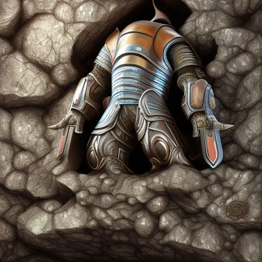 giant armored warrior sleeping on his back on a stone slab in a cathedral cavern