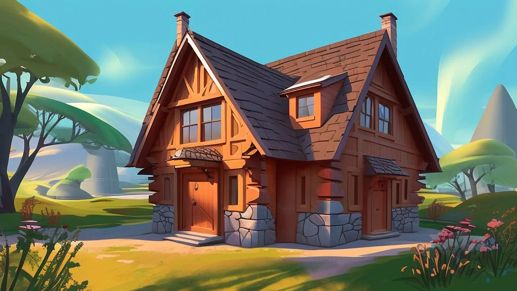 fantasy cartoon illustration: a new wooden house in the village in Ireland