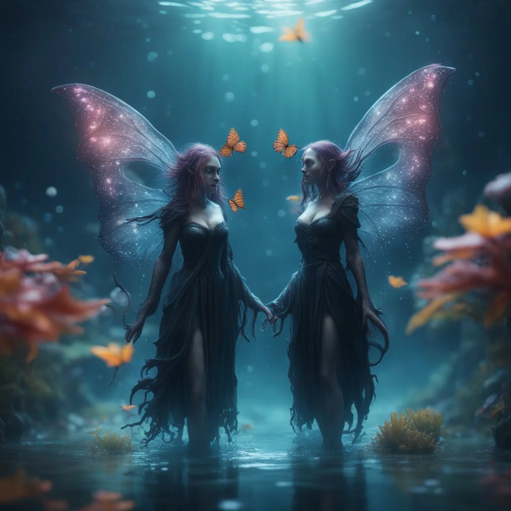 two Mind flayer witches with butterfly wings under water in well lit well vulcanic background,bokeh like f/0.8, tilt-shift lens 8k, high detail, smooth render, down-light, unreal engine,bokeh like f/0.8, tilt-shift lens 8k, high detail, smooth render, down-light, unreal engine