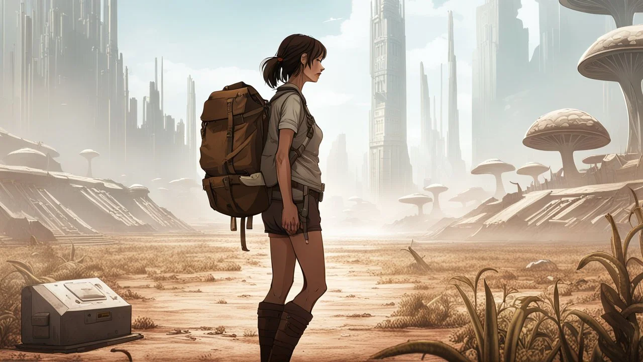 A slender 60-year-old woman, in brown shorts, a shirt and boots, one hand on hip, the other holding a backpack, standing in a deserted, empty, dead sci-fi city, with small clumps of strange plants and fungi