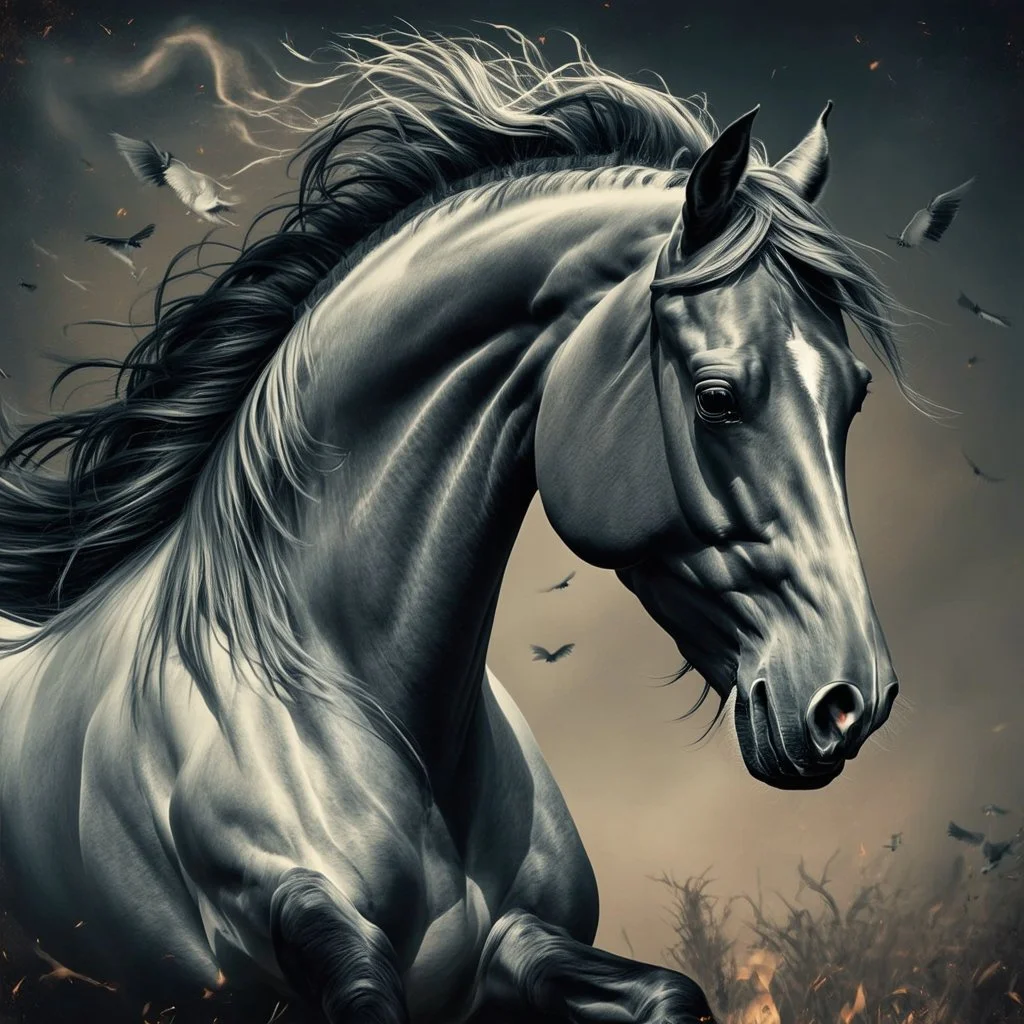 PROMPT: Young stallion in motion, captured in a modern vintage photography style. The image blends necronomic-inspired illustrations with a tabletop photography approach, reminiscent of the 1890s. Hyper-realistic animal portraiture is combined with a ghostly aura and subtle, buzzing details.