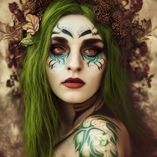 karlan, plant metal, feathers, face tattoo, Dryad, fae, sidhe, ominous, nature, plants, wildflower, facepaint, dnd character portrait, intricate, oil on canvas, masterpiece, expert, insanely detailed, retroanime style, cinematic smooth, intricate detail, soft smooth lighting, soft pastel colors, painted Renaissance style