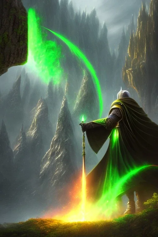 Powerful wizard using green magic, wearing dark cloak, Castle on mountains in background