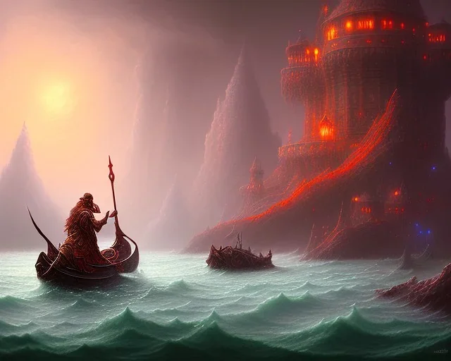 sango fantasy, fantasy magic, intricate, sharp focus, illustration, highly detailed, digital painting, concept art, matte, Greek mythology Charon ferryman in boat on river styx, sharp jagged rocks, red purple blue colours, red hot lava river