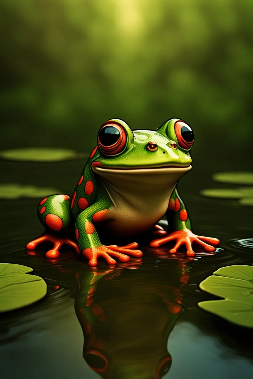 Create a captivating, high-resolution image of a leapfrog on a riverbank. The frog should appear almost hypnotic, with a gaze that directly engages the viewer as if it's looking into the camera. The artwork must be rendered in an 8k ultra-detailed cartoon style, showcasing vibrant colors and intricate details that bring the character to life