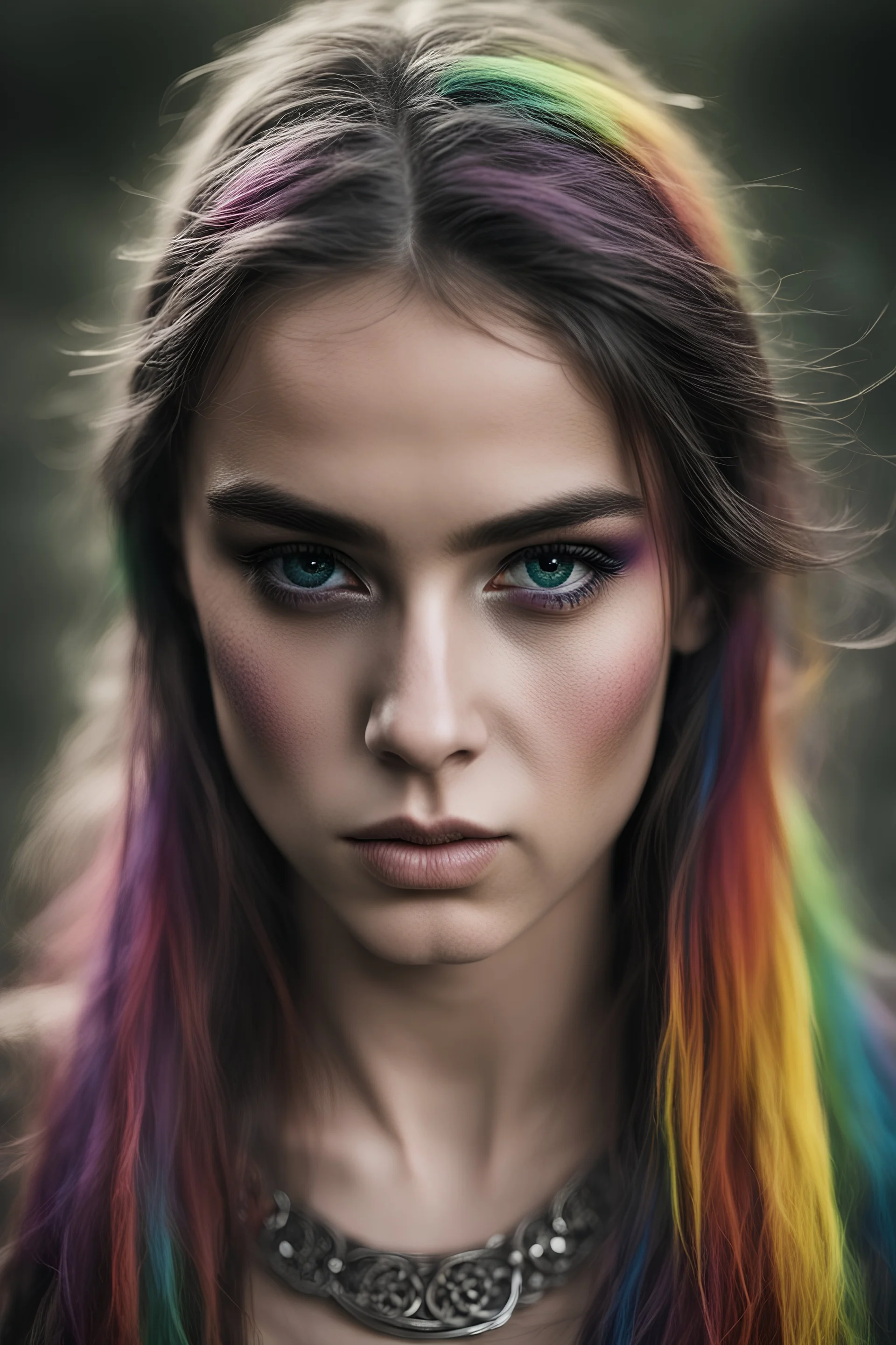 Photoreal gorgeous shot of beautiful girl with multi-colored eyes, warrior, strong, sad, resilient, vivid vertical rainbow on left side only forehead from hairline to eyebrow, long black tears below both eyes, full body, forgotten realms fantasy style by lee jeffries, otherworldly creature, in the style of fantasy movies, shot on Hasselblad h6d-400c, zeiss prime lens, bokeh like f/0.8, tilt-shift lens, 8k, high detail, smooth render, unreal engine 5, cinema 4d, HDR, dust effect, vivid color