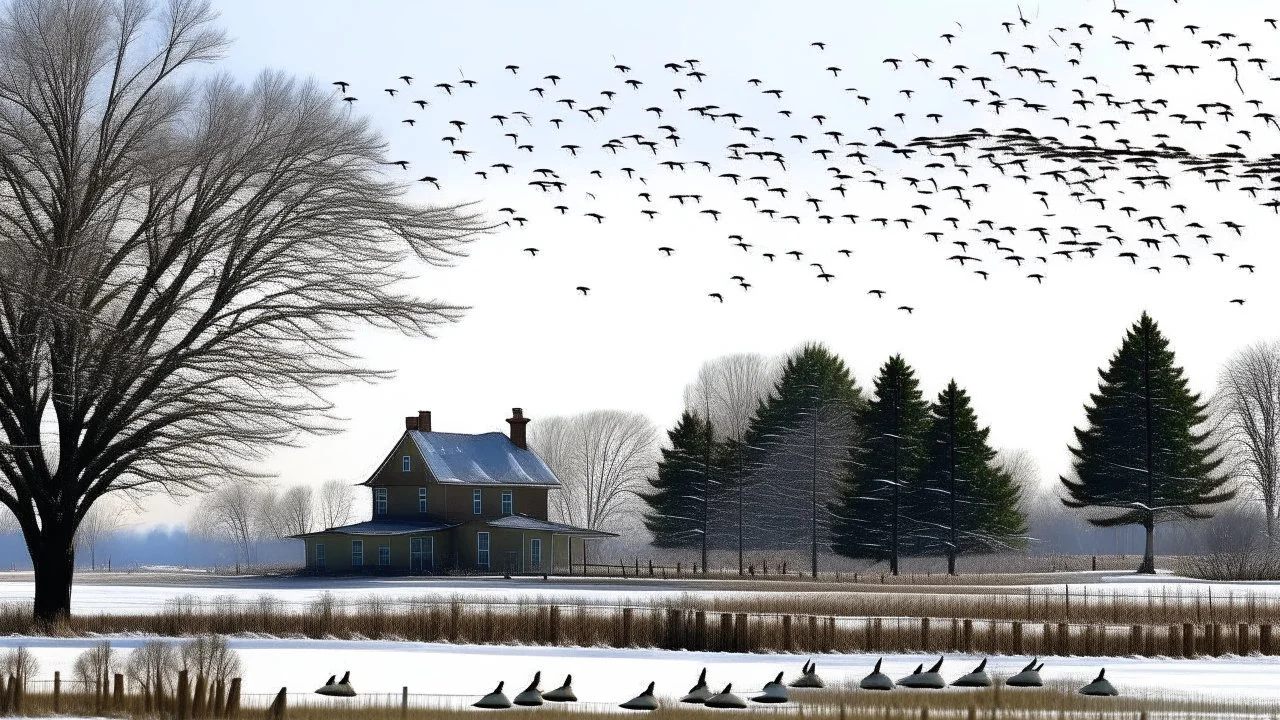 A flock of geese flying over a snowy rural landscape with bare trees and a small building in the distance