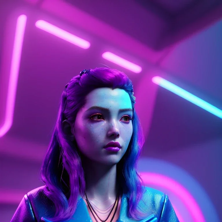 Pretty cyber woman, blue hair, sci-fi, sweet face, black, red, pink, geisha style, symmetric plane, neon style, a lot of led lights, fog, rain, leather coat, vibrant color, highly detailed, art stations, concept art, smooth, unreal engine 5, god rays, ray tracing, RTX, lumen lighting, ultra detail, volumetric lighting, 3d, finely drawn, high definition, high resolution.