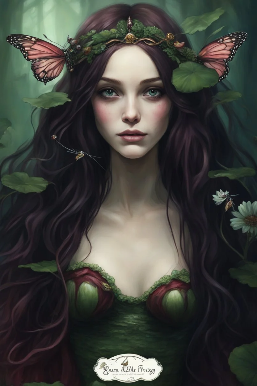 Frogs Water lilies Dark burgundy red long hair Dark Fairy princess rapunzel hair queen crown butterflies dragonflies fireflies elven tiara flowers fairy wings emerald moss