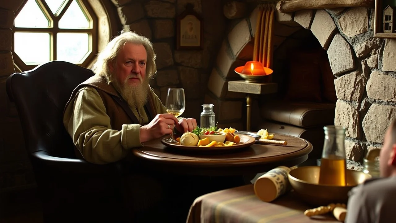 Bilbo Baggins at home in Bag End sitting down to a delicious meal. Award-winning colour photograph.