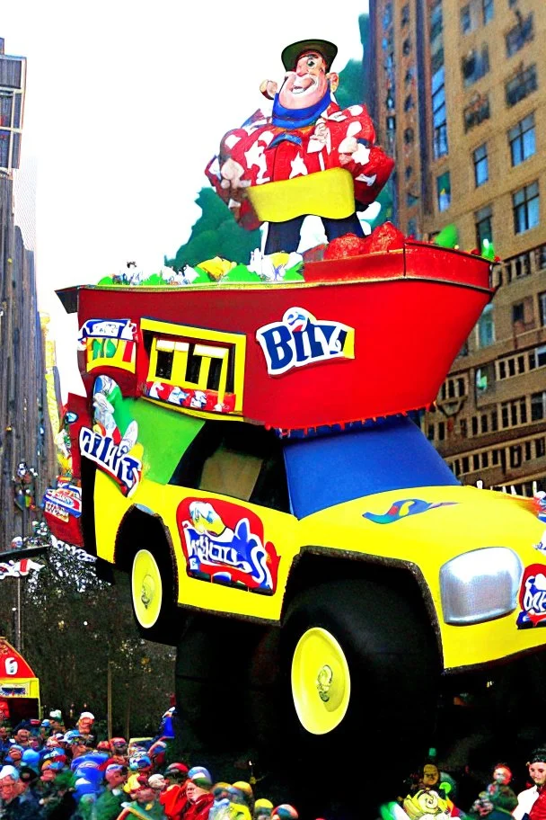 macy's day parade float of Bill Newton from hill climb racing the game