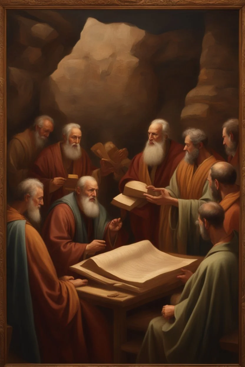 Several Christian priests of the 1st century AD are sitting in a cave and actively arguing and gesticulating, each holding a scroll of Ancient Scripture, on a wooden table in front of them there are many ancient scrolls, all painted with oil paintings in high resolution, in 8k.