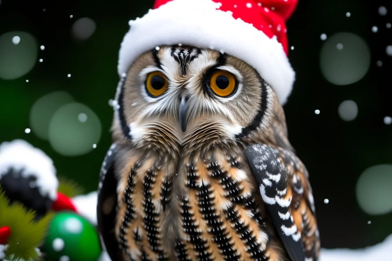 Owl wearing a Christmas hat