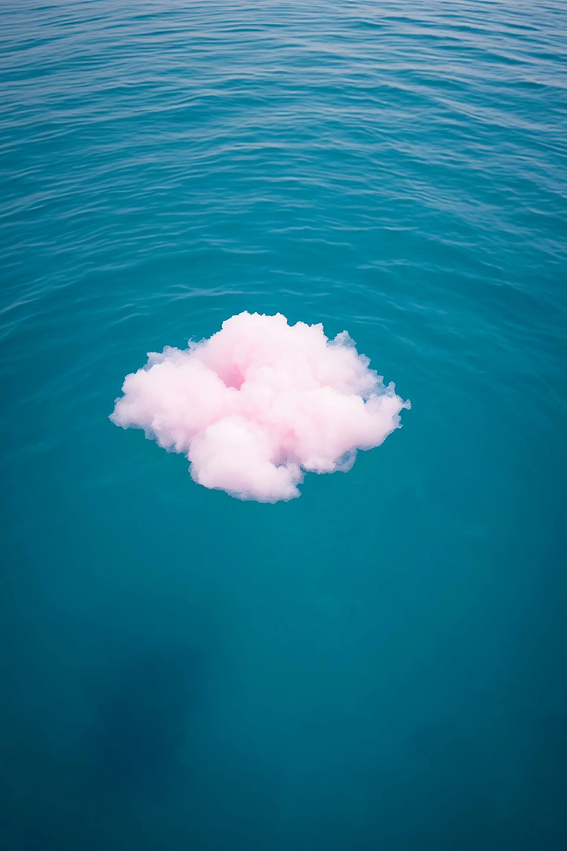 A pink plastic cloud floating in the sea