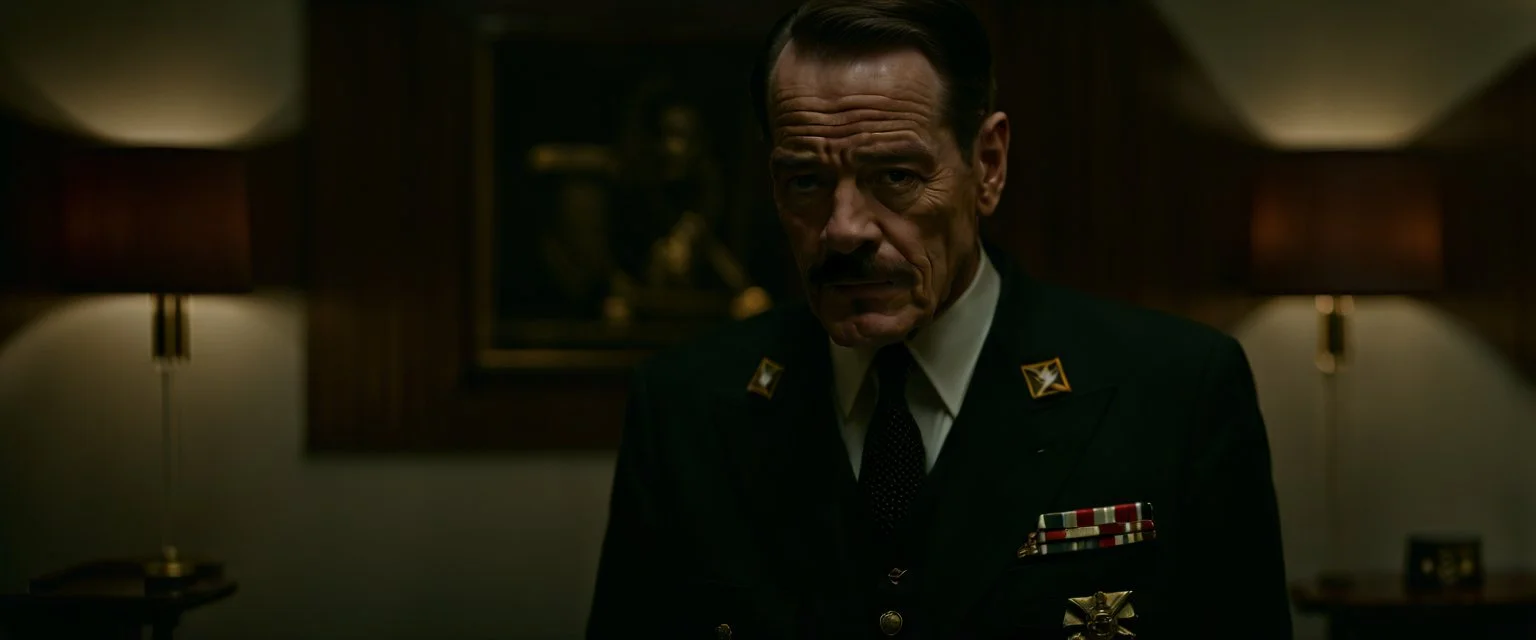 Bryan Cranston as Hitler, cinematic, Fuji Film, Anamorphic lens, 2040s, deep depth of field, Solarpunk