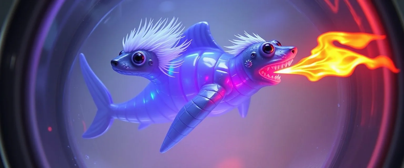 The image depicts a fantastical shark squirrel snow soup, specifically a transparent with neon plasma aura, with a unique and whimsical appearance. The seal dragon spitting flames is positioned in a circular frame, which suggests it might be inside a container or a vessel. The body is elongated and has a segmented appearance, with a detailed texture that gives it a realistic look. Its head is covered with white, spiky hair, adding to its fantastical charm. From the weird dragon lab.
