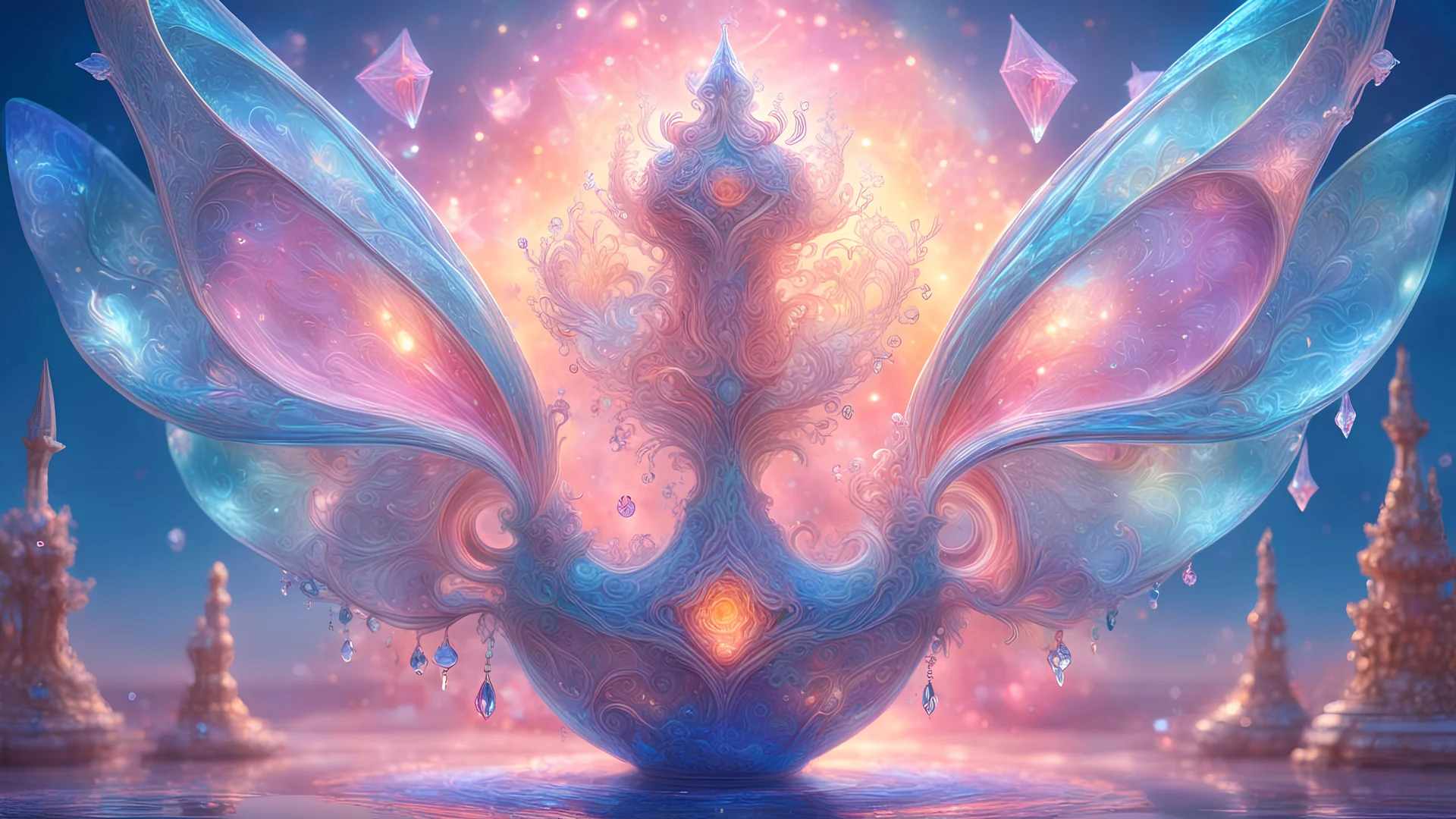 aetheric, spiritual enlighted cosmic harmonious vessels, floating in de air, (anti-gravitational1.8), sunset midday, luminous, made of glass and crystals, ethereal fairies, intricate, highly detailed, subtil, pastel blue and rose colours, splash of white light, intricate and detailed, 8K, ultra-detailed, sharp focus,