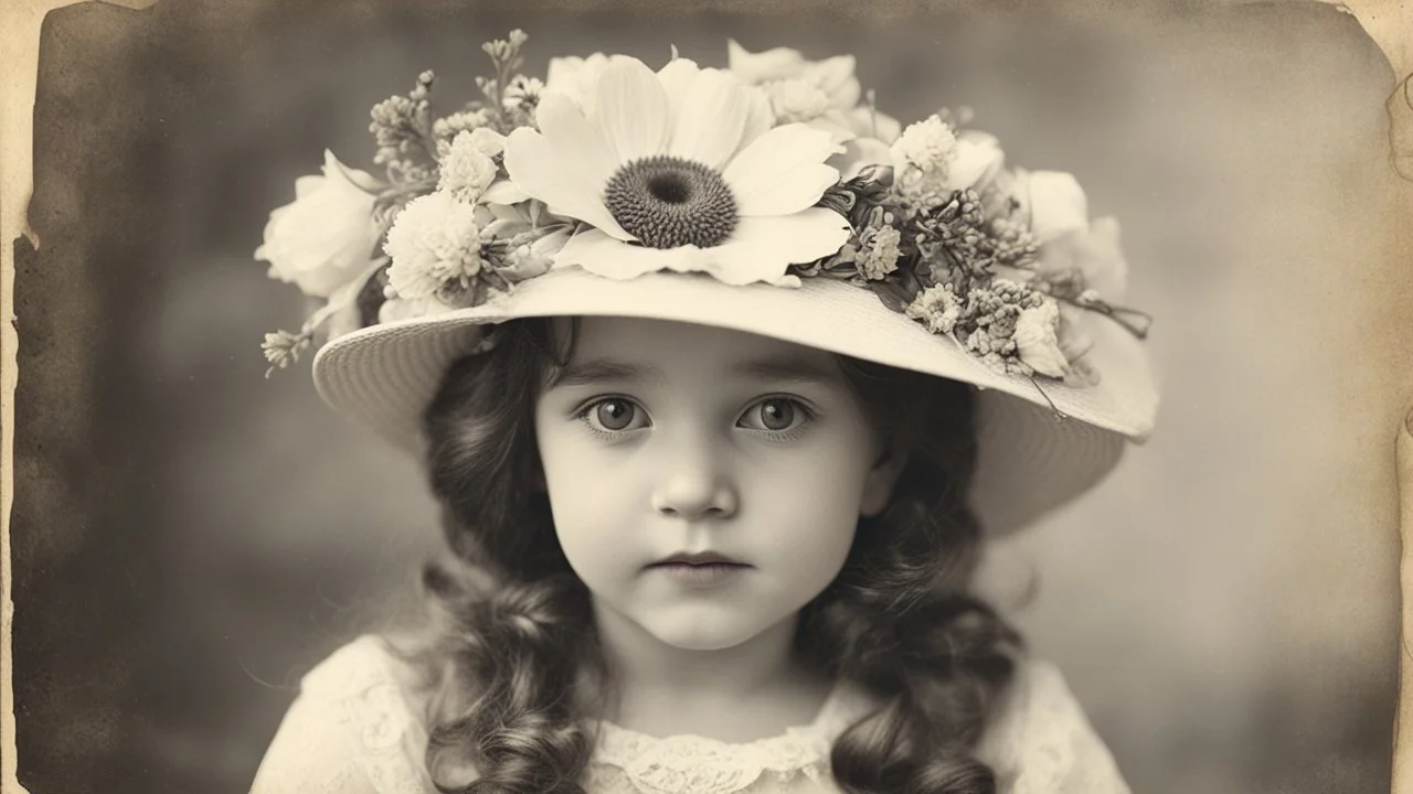 Vintage photograph of a young girl in a hat with flowers